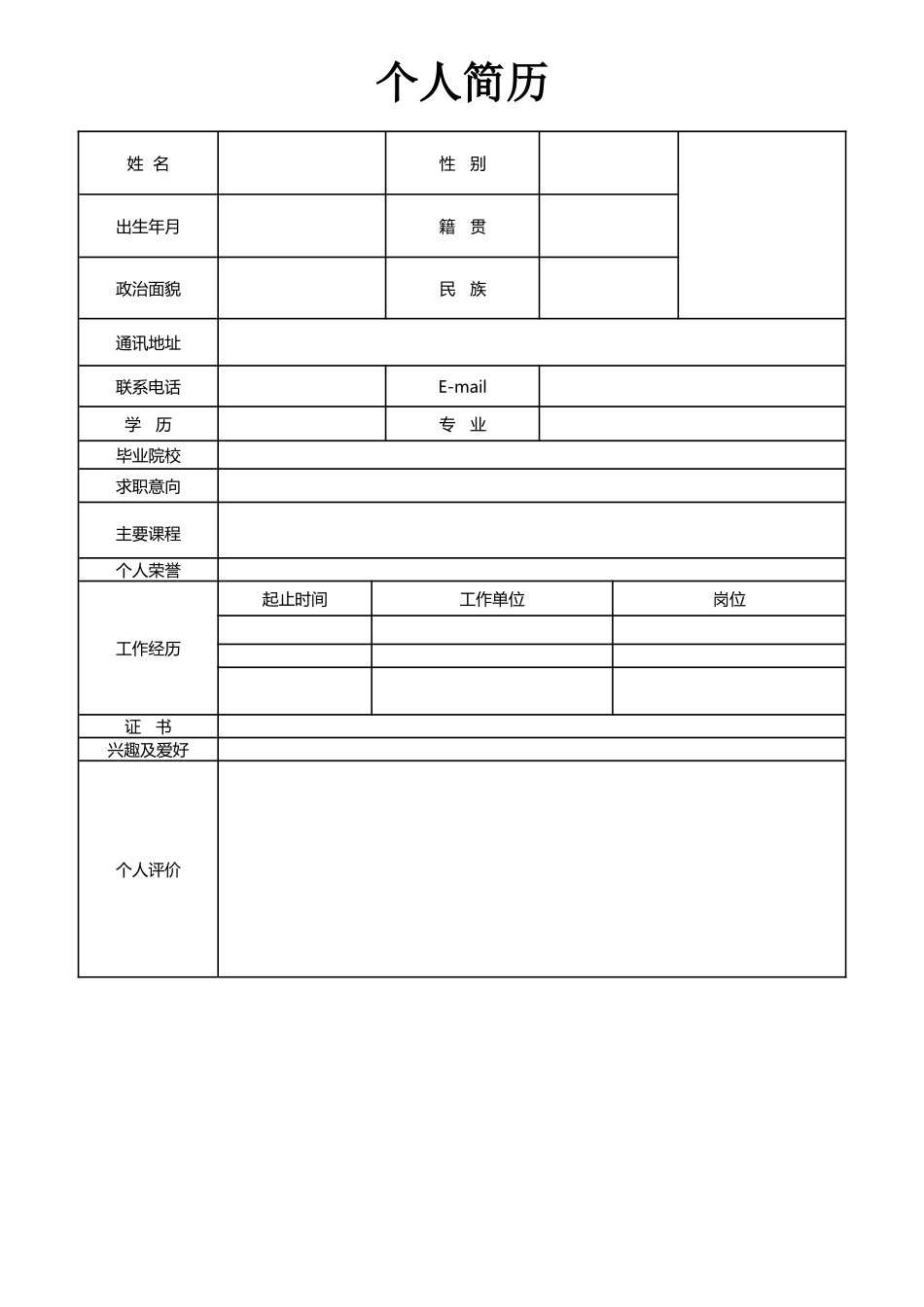 个人简历、自荐信、面试问题模版-空白简历标准表格-24.doc_第1页