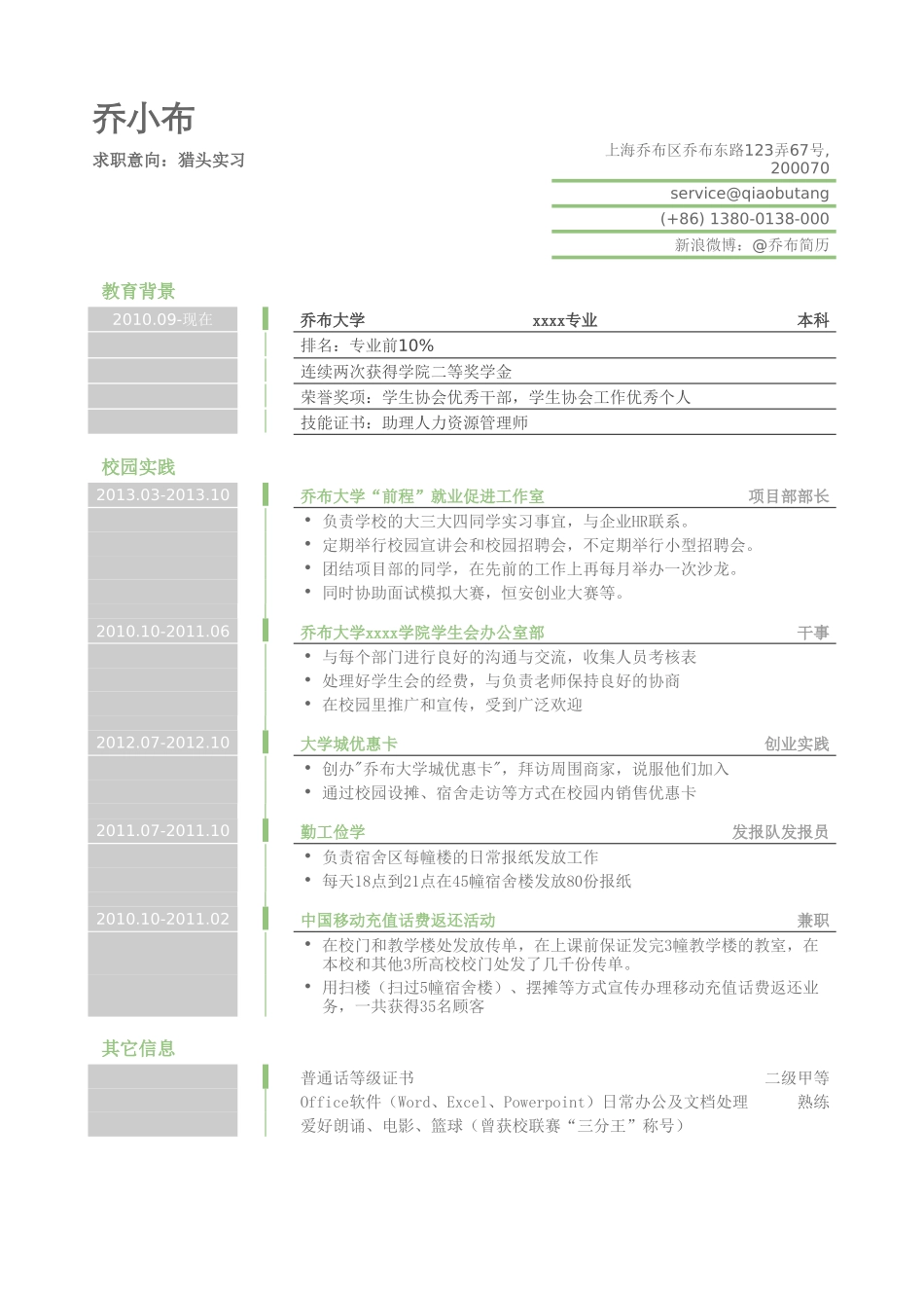 个人简历、自荐信、面试问题模版-猎头实习个人简历模板(1).doc_第1页
