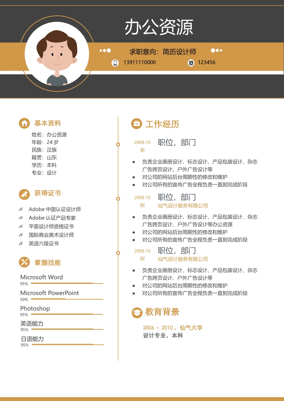 个人简历、自荐信、面试问题模版-平面设计师大气个人应聘简历模板.docx_第2页