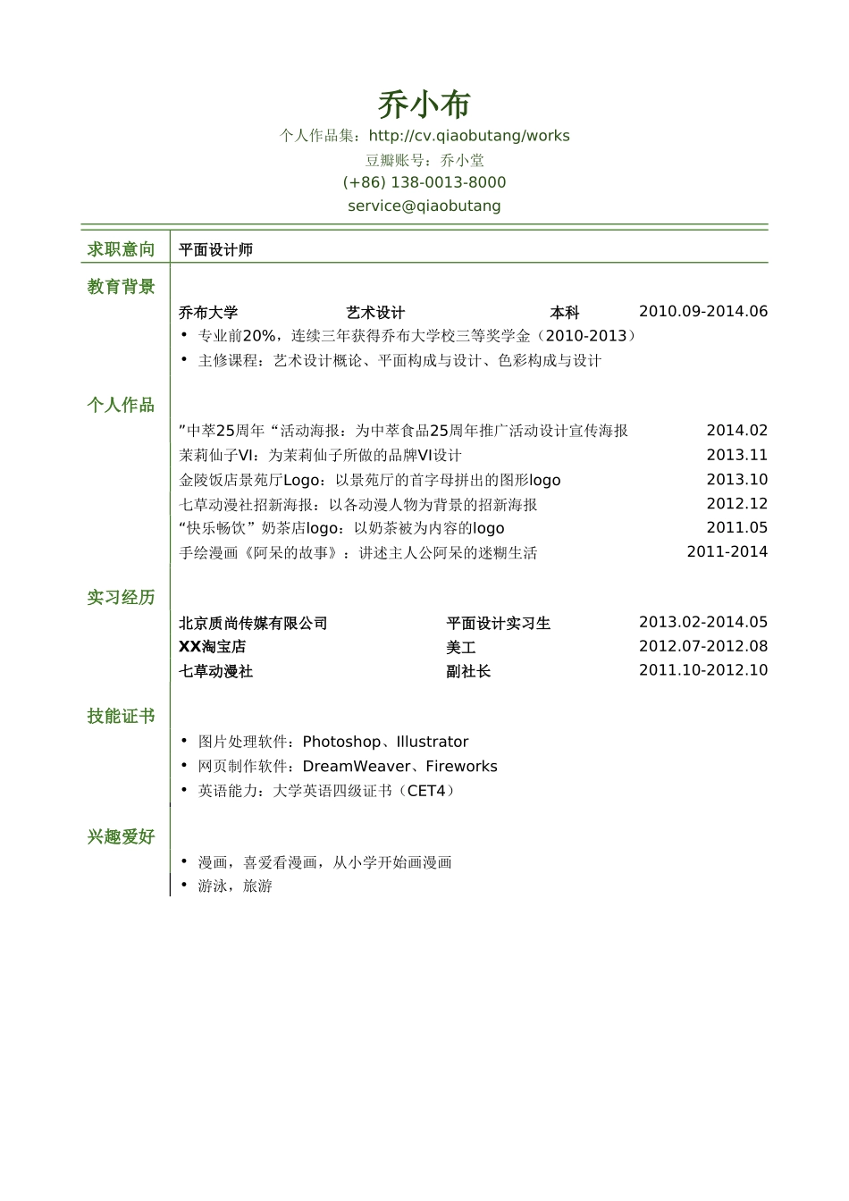 个人简历、自荐信、面试问题模版-平面设计师岗位个人简历模板.doc_第1页
