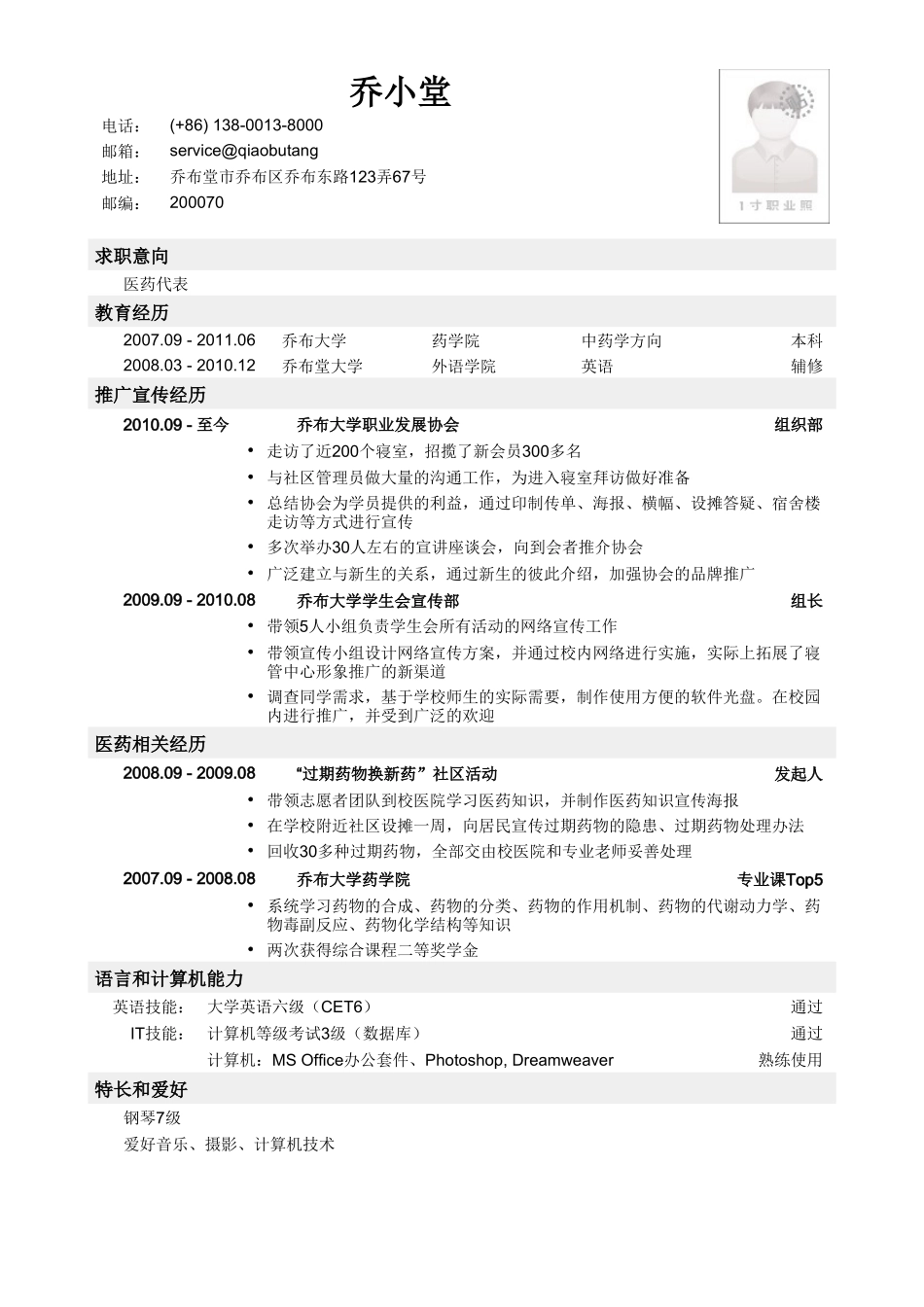 个人简历、自荐信、面试问题模版-乔布堂经典医药代表简历模板.doc_第1页