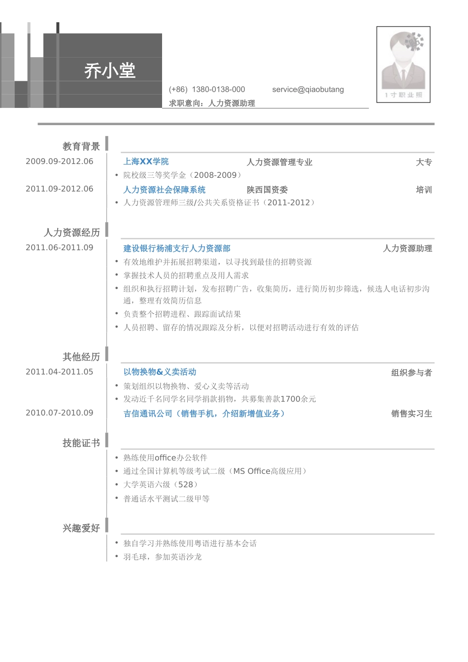 个人简历、自荐信、面试问题模版-人力资源专员岗位简历模板.doc_第1页
