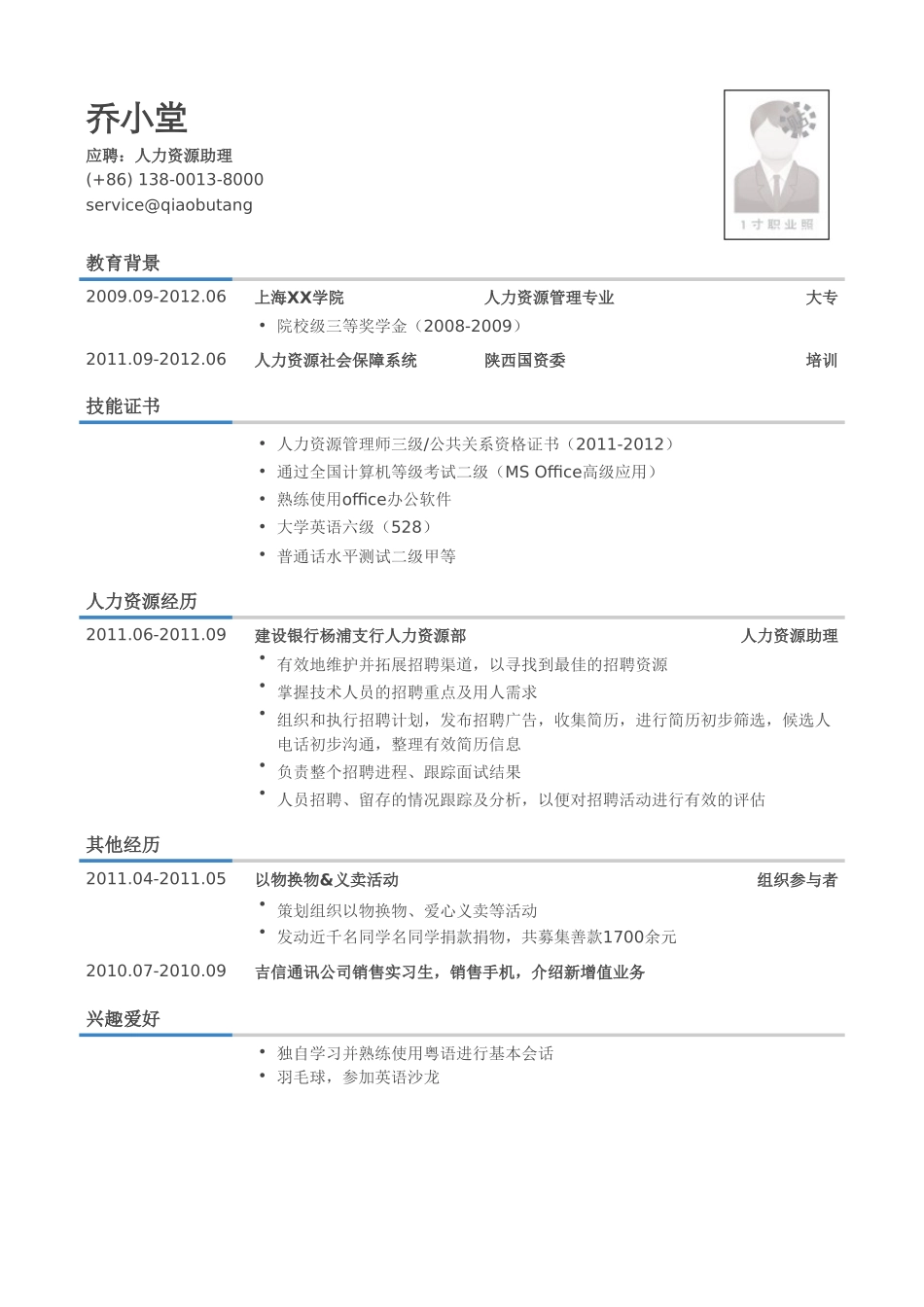 个人简历、自荐信、面试问题模版-人力资源专员简历模板（突出个人技能）.doc_第1页