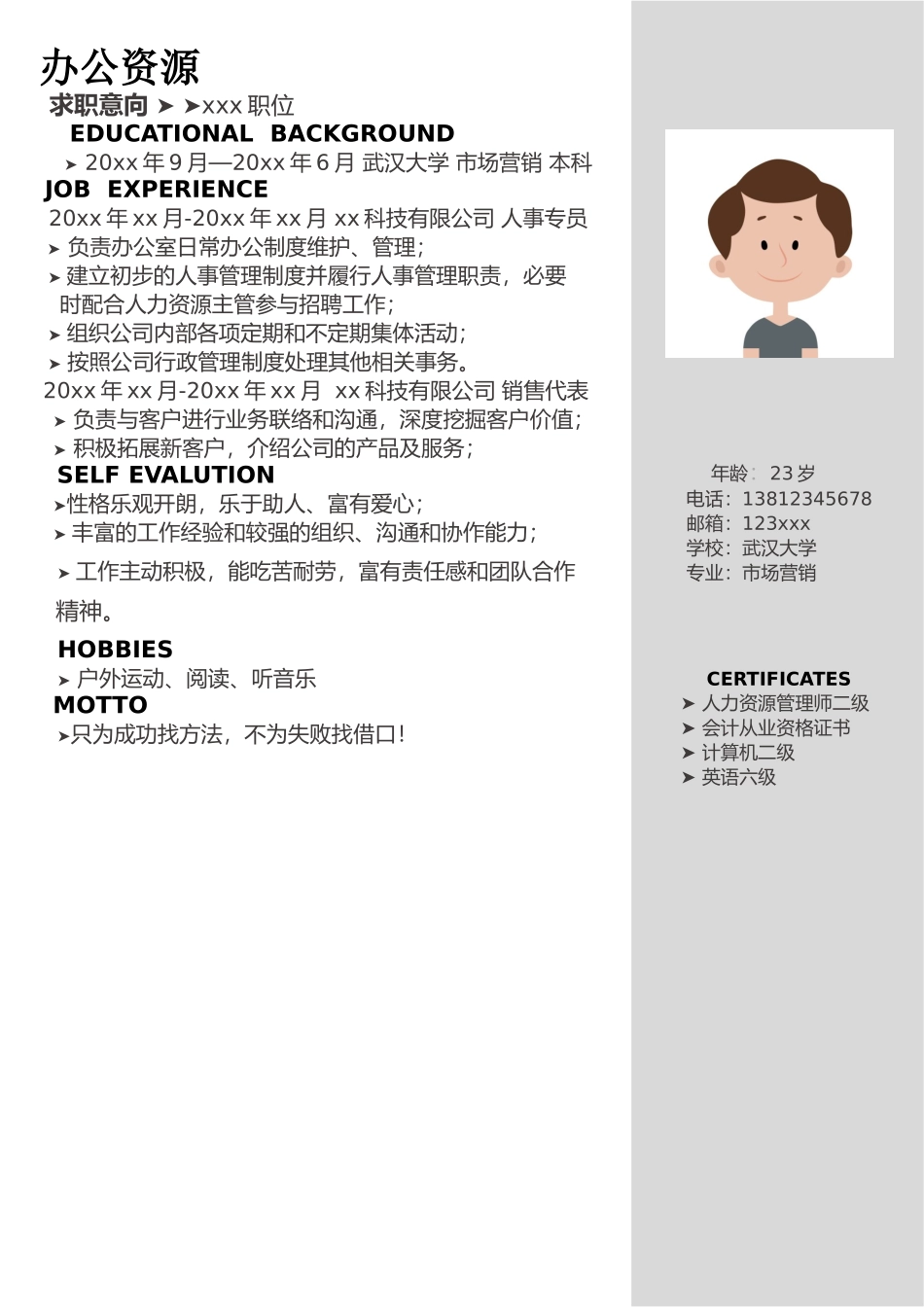 个人简历、自荐信、面试问题模版-市场营销人力资源个人应聘简历Word模板.doc_第2页