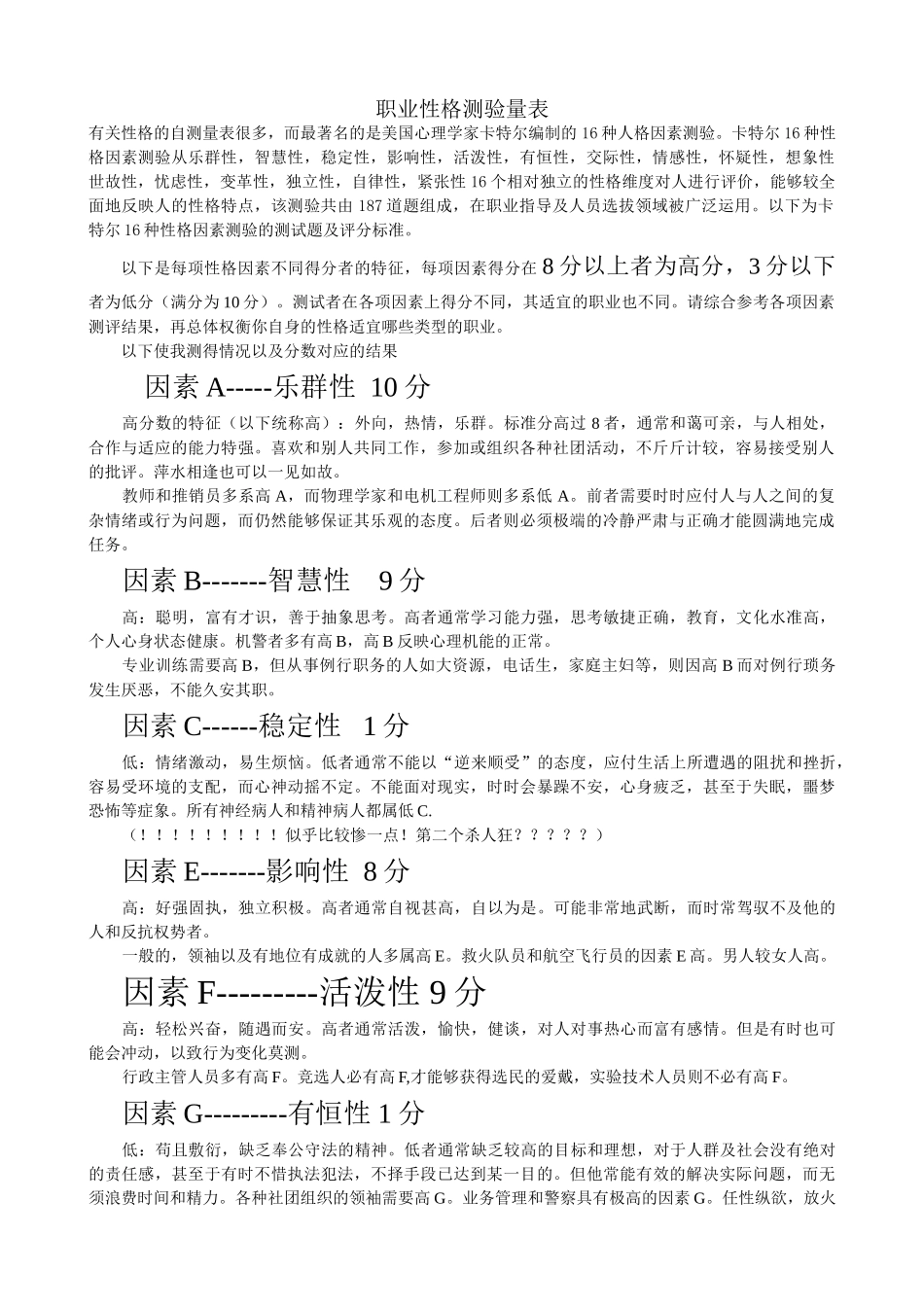个人简历、自荐信、面试问题模版-腾讯产陪生职业性格测验量表+.doc_第1页