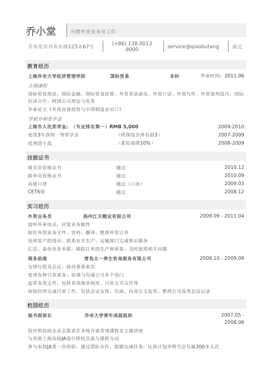 个人简历、自荐信、面试问题模版-外贸业务员简历模板（突出教育背景）.doc_第1页