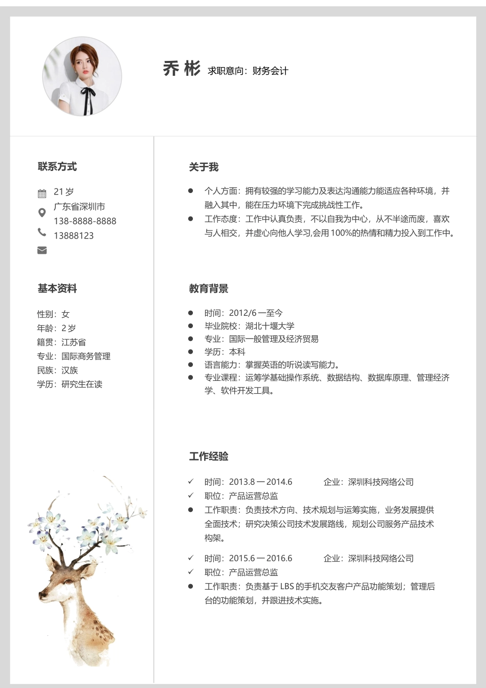 个人简历、自荐信、面试问题模版-文艺单页04.docx_第1页
