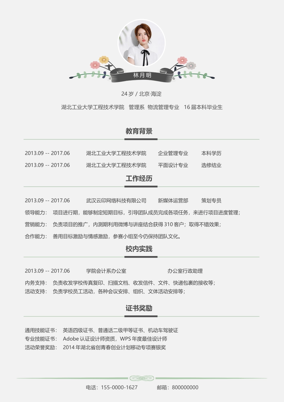 个人简历、自荐信、面试问题模版-文艺单页10.docx_第1页