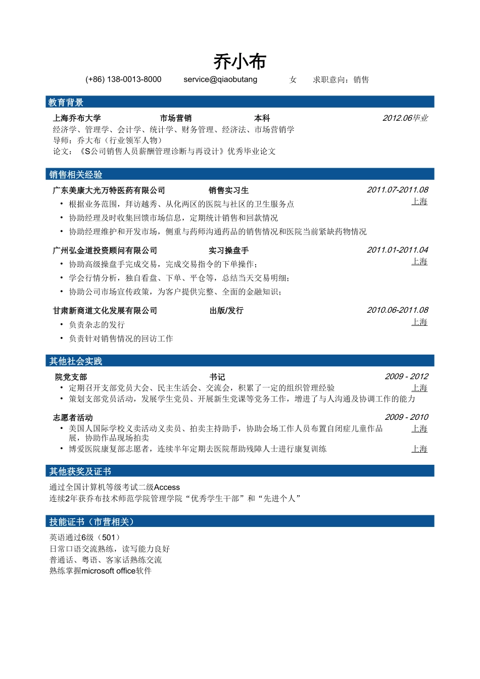 个人简历、自荐信、面试问题模版-销售简历模板（突出经历）.doc_第1页