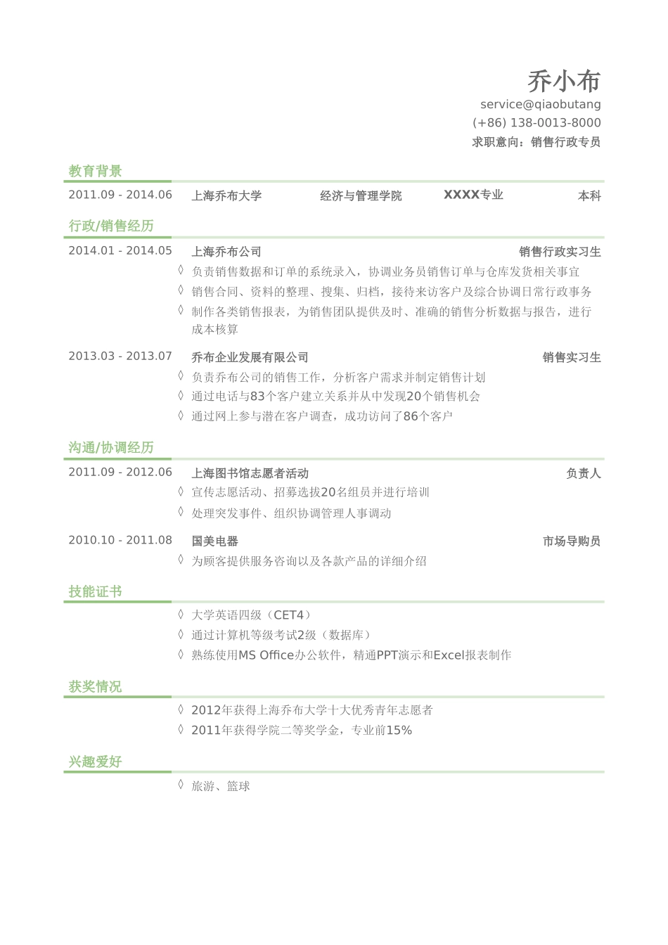 个人简历、自荐信、面试问题模版-销售行政专员岗位个人简历模板.doc_第1页