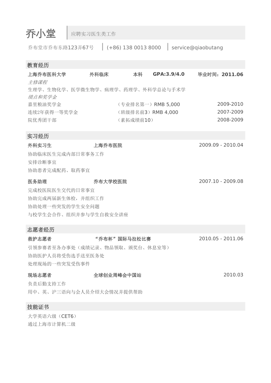 个人简历、自荐信、面试问题模版-医护简历模板（突出成绩）.doc_第1页