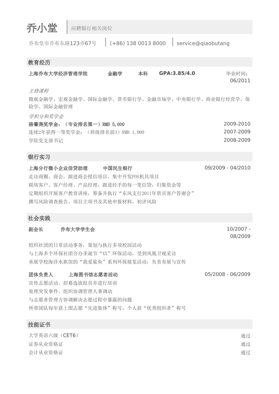 个人简历、自荐信、面试问题模版-银行简历模板（突出成绩）.doc_第1页