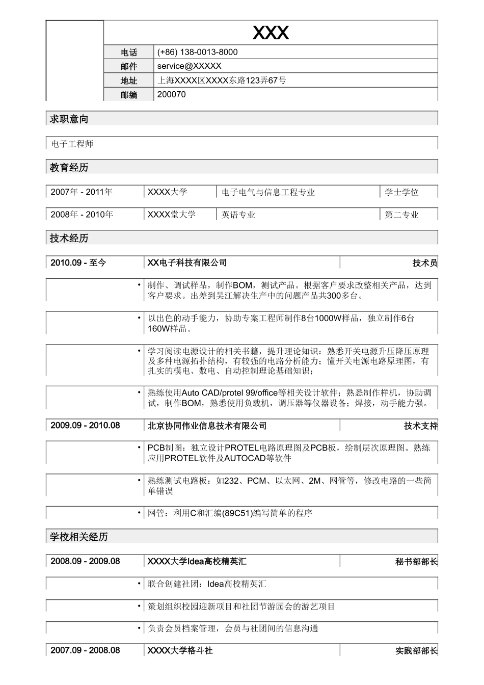 个人简历、自荐信、面试问题模版-应聘电子工程师岗位简历，一页式表格.doc_第1页