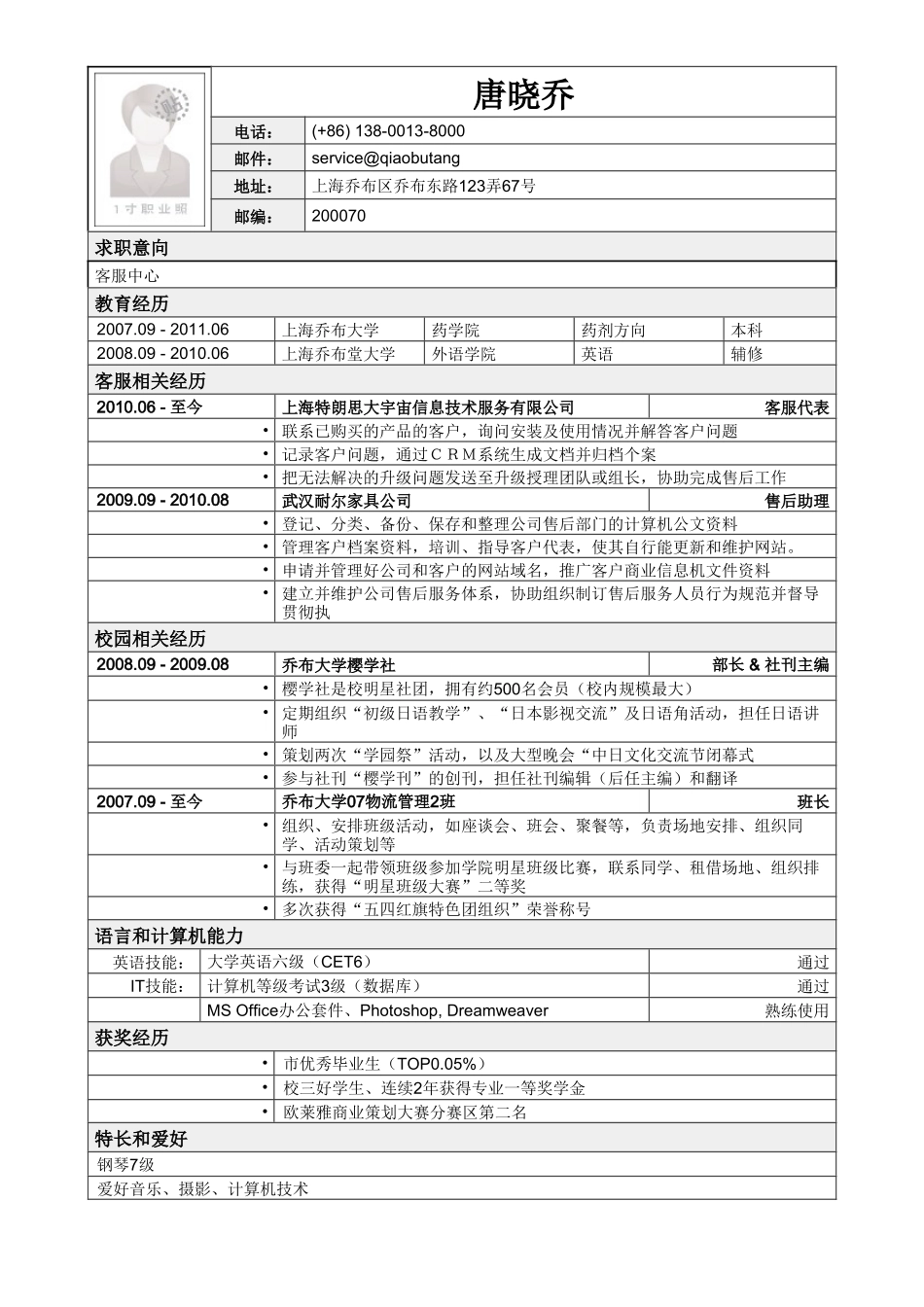 个人简历、自荐信、面试问题模版-应聘客服类岗位简历模板.doc_第1页