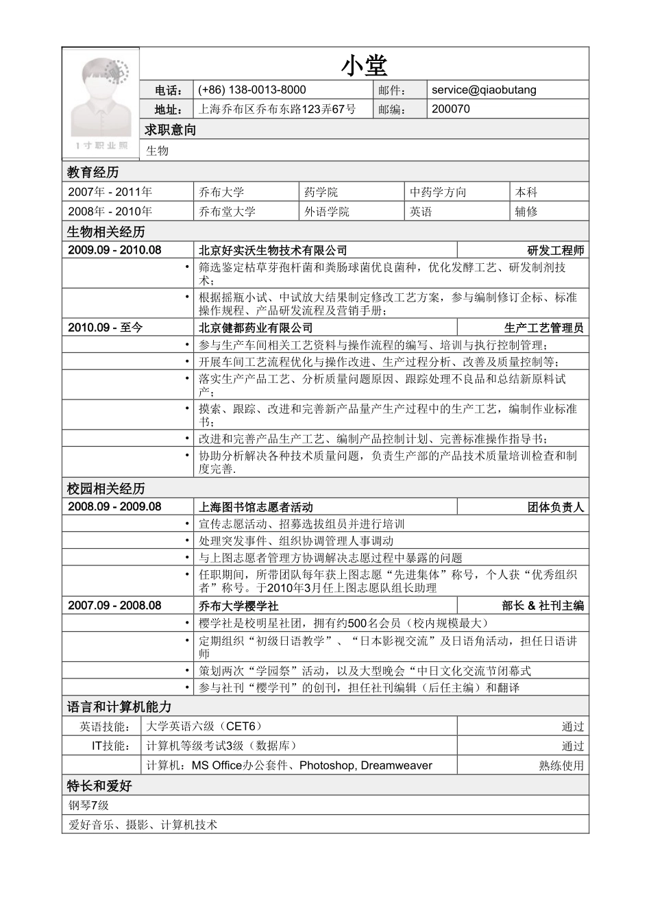 个人简历、自荐信、面试问题模版-应聘生物类岗位简历模板2.doc_第1页