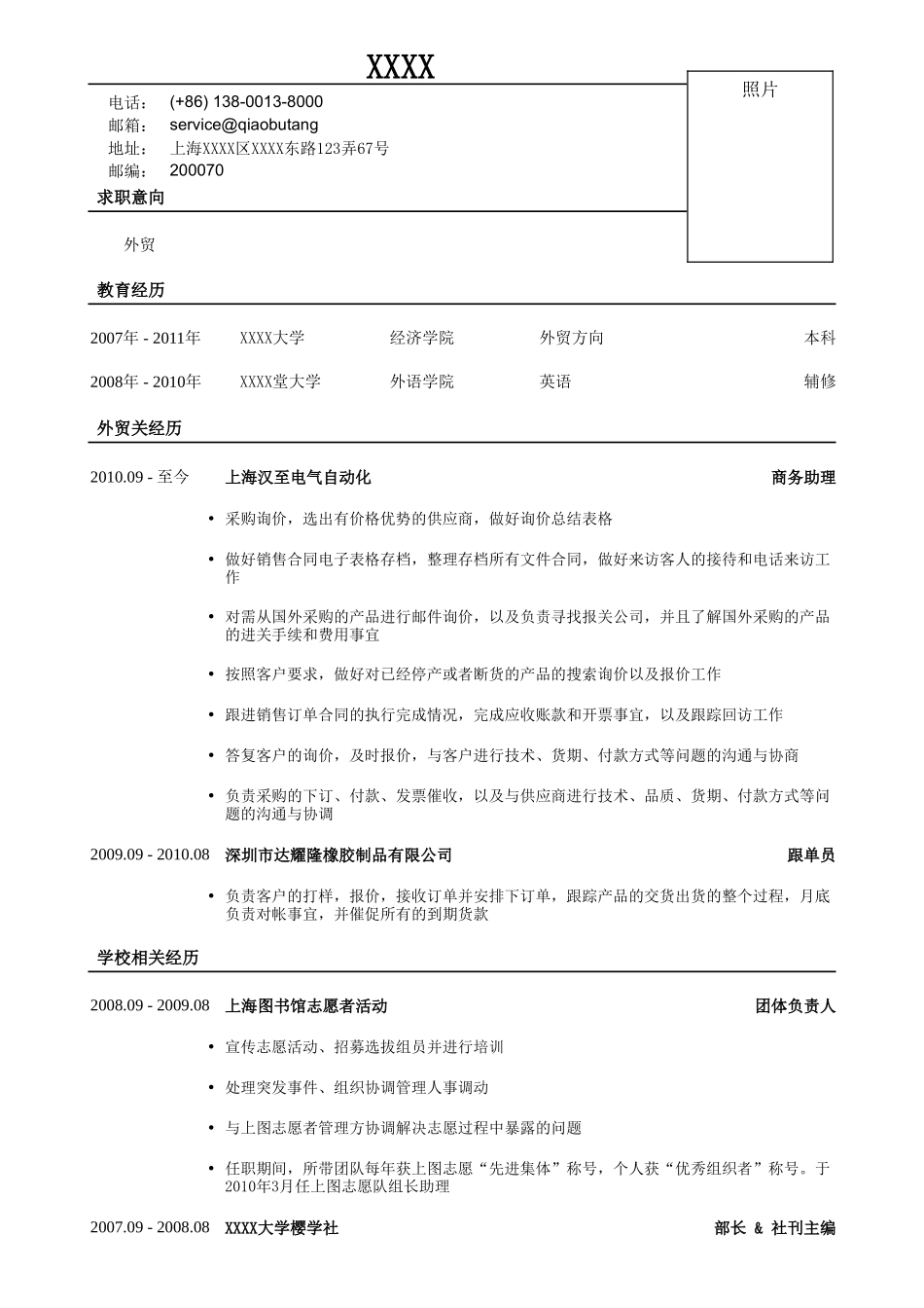 个人简历、自荐信、面试问题模版-应聘外贸岗位简历模板(1).doc_第1页
