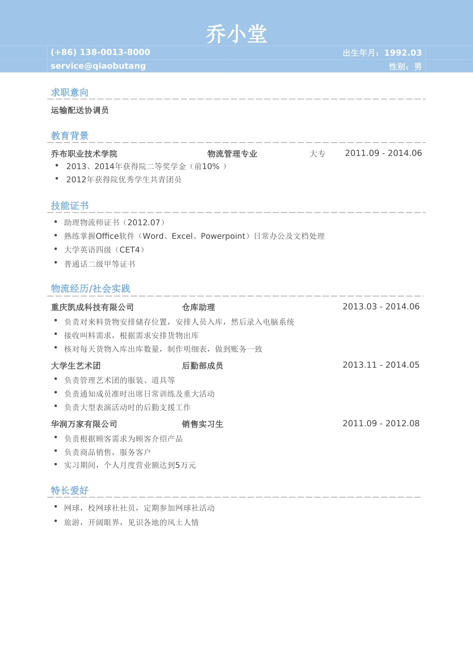 个人简历、自荐信、面试问题模版-运输配送协调员简历模板（有技能证书）.doc_第1页