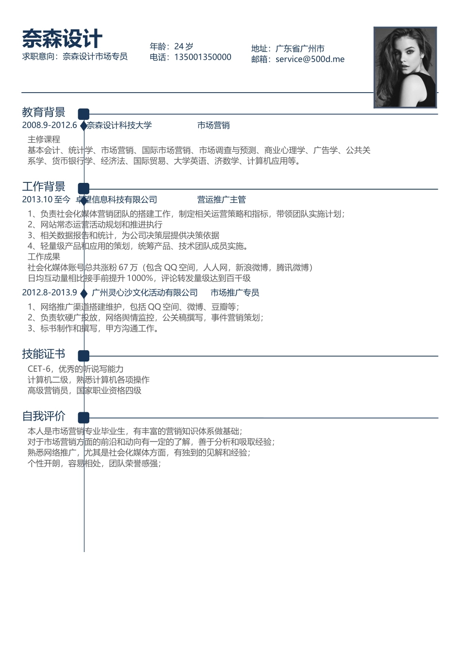 个人简历、自荐信、面试问题模版-中文-设计市场专员-深蓝色.docx_第1页
