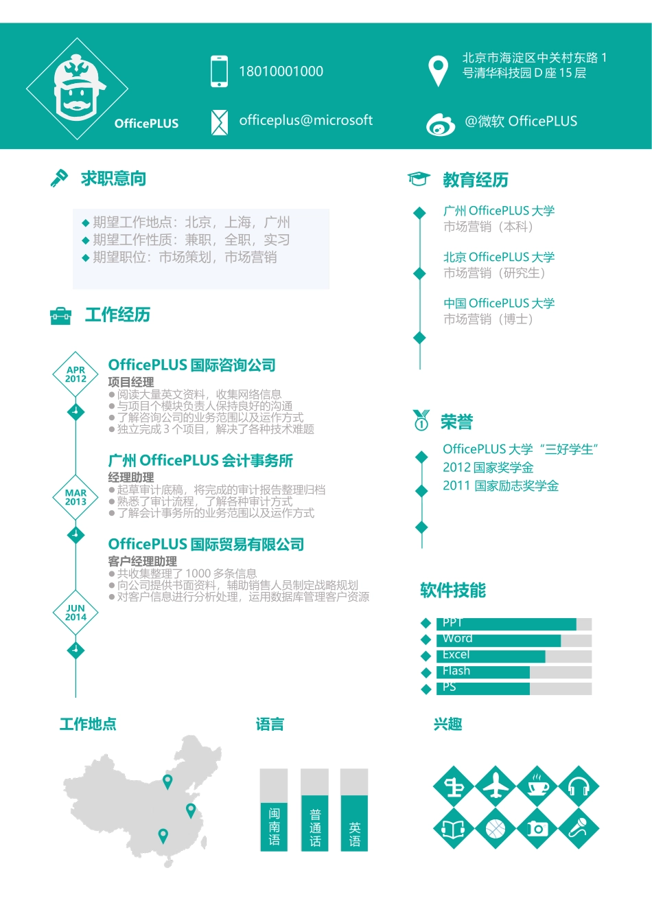 个人简历、自荐信、面试问题模版-中文-市场类岗位-蓝绿风格.docx_第1页
