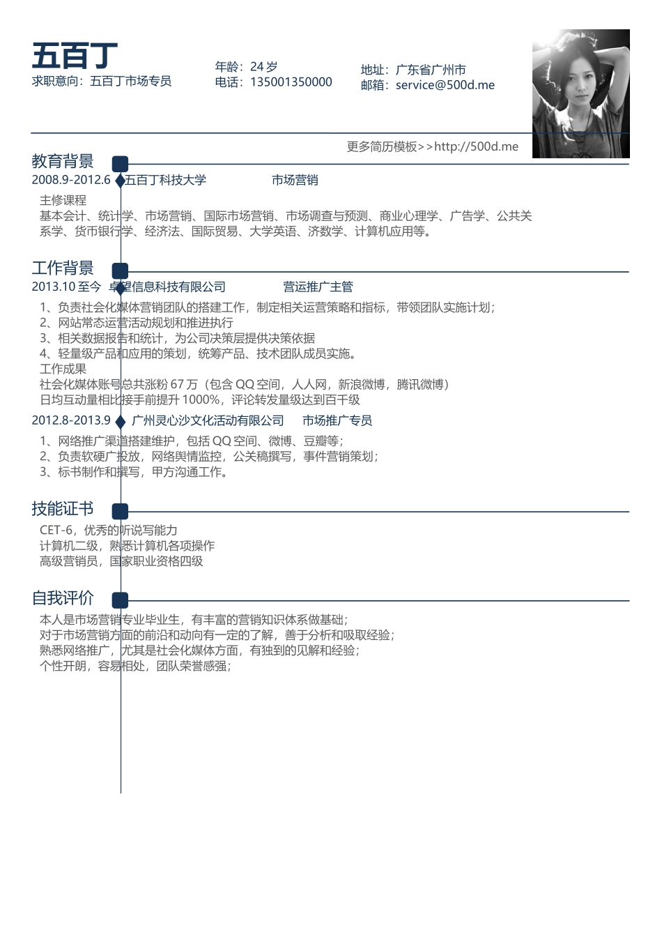 个人简历、自荐信、面试问题模版-中文-市场专员-简洁线条.docx_第1页