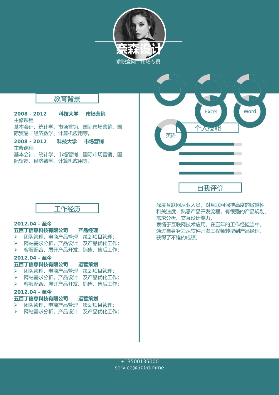 个人简历、自荐信、面试问题模版-中文-市场专员-蓝绿色风格.docx_第1页