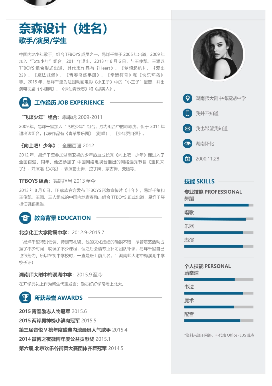 个人简历、自荐信、面试问题模版-中文-音乐类求职-蓝色.docx_第1页