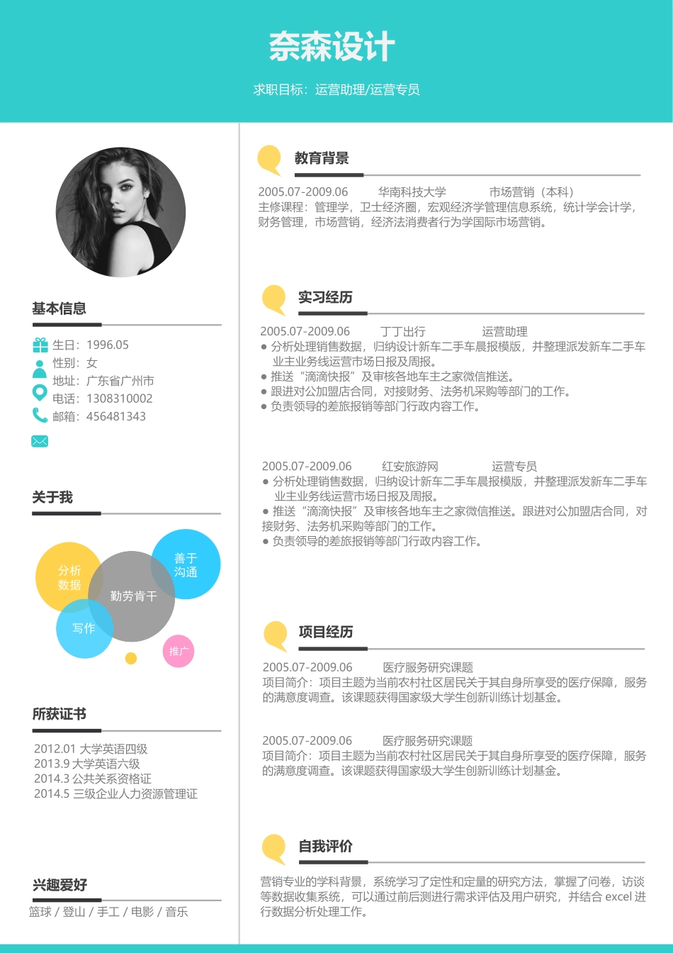 个人简历、自荐信、面试问题模版-中文-运营助理专员-蓝绿色风格.docx_第1页