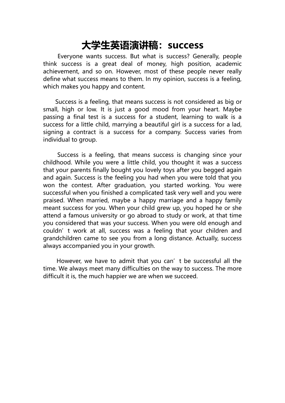 英语演讲稿307-大学生英语演讲稿：success.docx_第1页