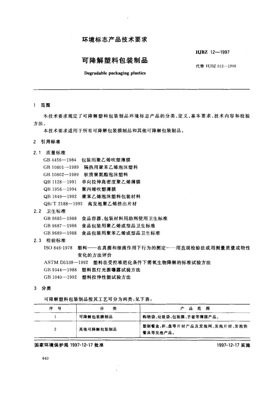 HJBZ 12-1997 可降解塑料包装制品.pdf_第1页