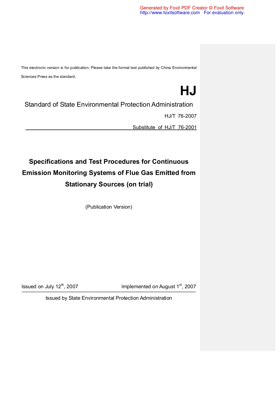 HJT 75-2007 固定污染源烟气排放连续监测技术规范(英文版).pdf_第1页
