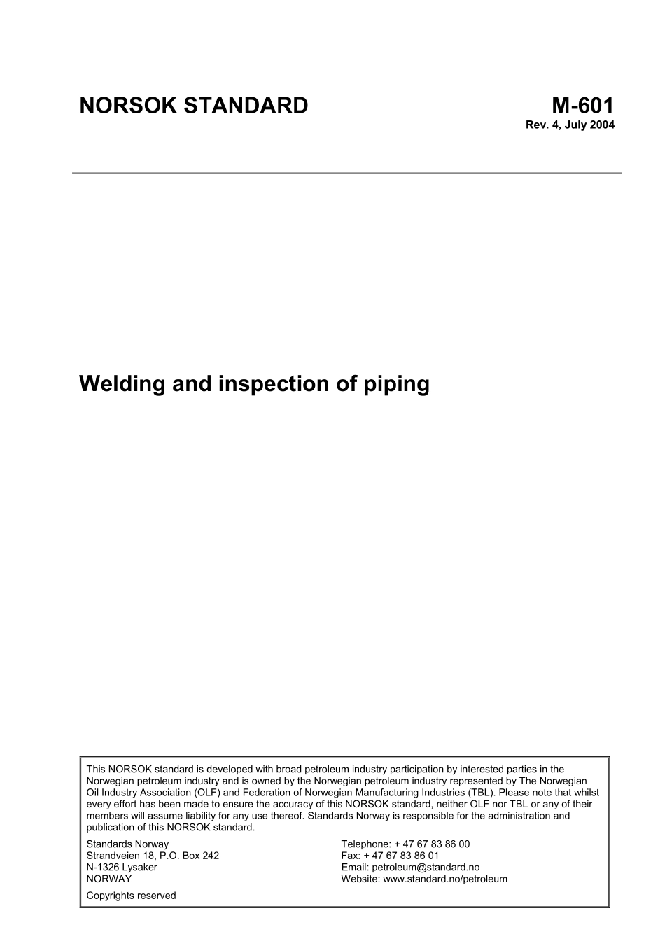 M-601 Welding and inspection of piping (Rev[1]. 4, July 2004).pdf_第1页