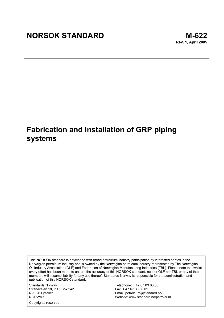 M-622 Fabrication and installation of GRP piping systems (Rev 1 April 2005).pdf_第1页
