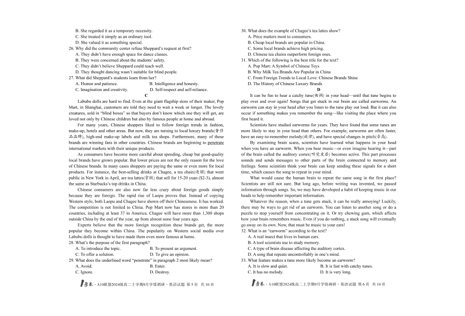【8开】1号卷A10联盟2024级高二上学期9月学情调研英语.pdf_第3页