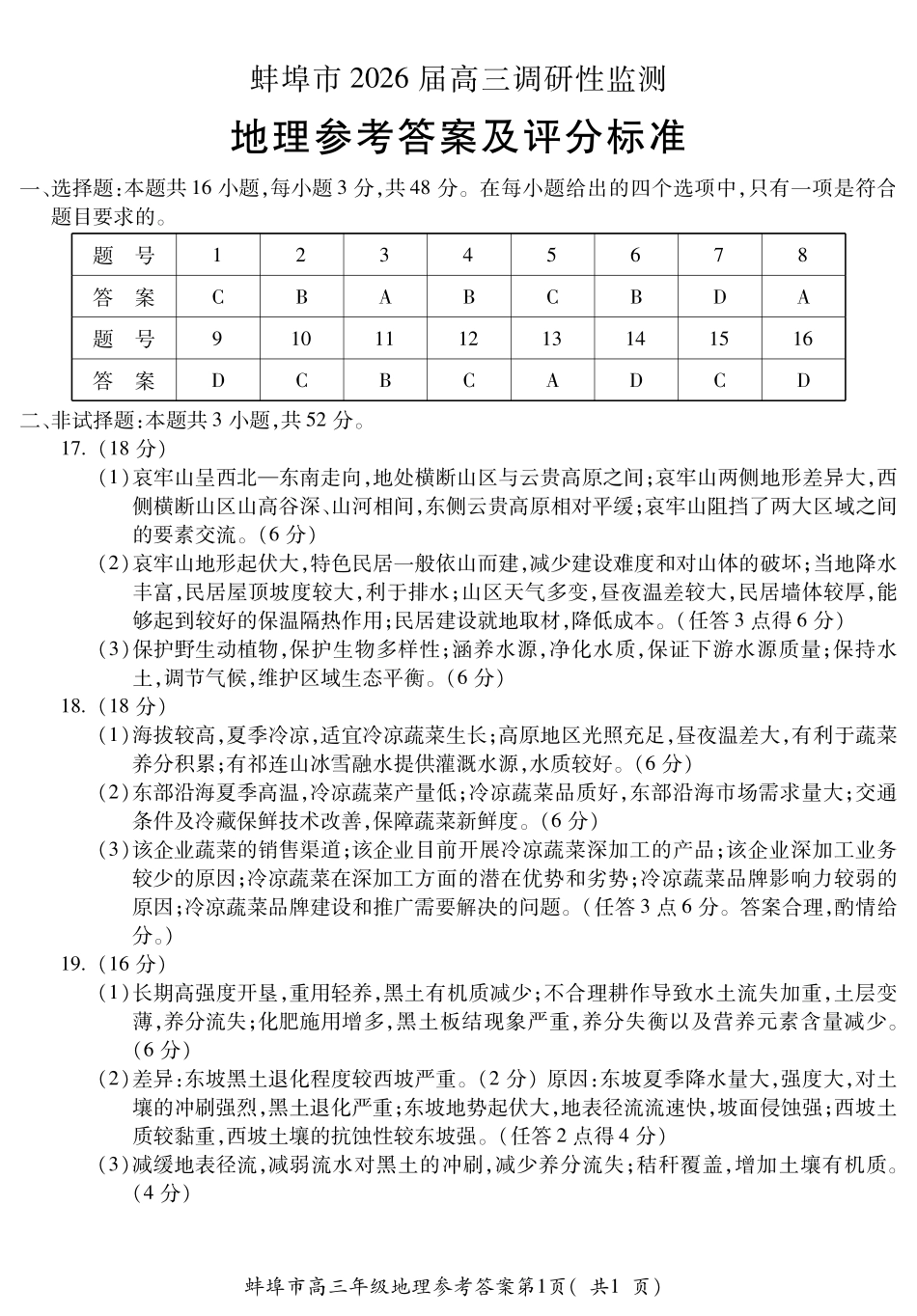 【地理试卷】答案【安徽卷】安徽省蚌埠市2025-2026学年2026届高三上学期8月调研性监测（8.28-8.29）.pdf_第1页