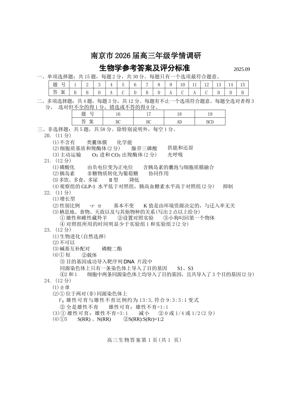 【生物试卷答案】【江苏卷】江苏省南京市2026届高三年级(九月)学情调研(南京高三零模)(9.18-9.19).docx_第1页