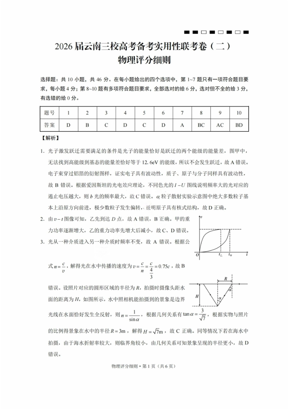 【物理试卷答案】【云南卷】云南省2026届云南三校高考备考实用性联考卷（二）(8.25-8.26).pdf_第1页