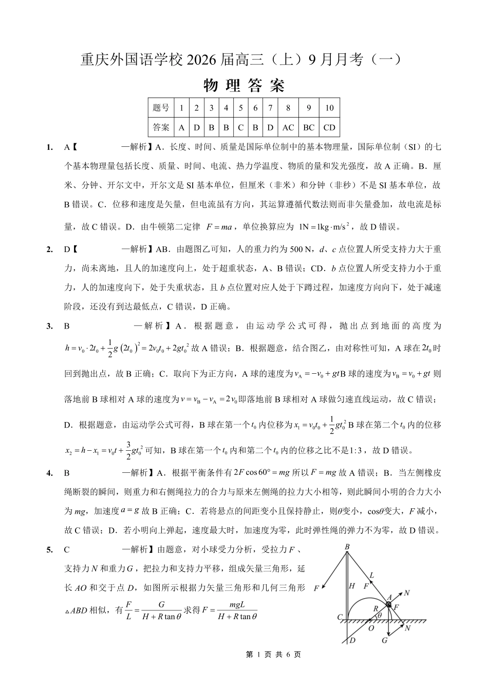 2025-2026学年度（上）高2026届9月月考物理答案.pdf_第1页