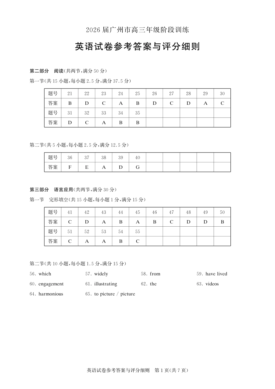 2026届广州市高三年级阶段训练-英语参考答案.pdf_第1页