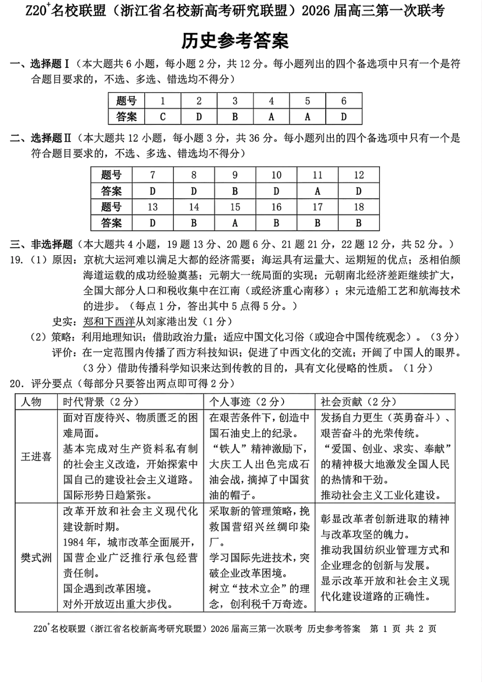 Z20+名校联盟（浙江省名校新高考研究联盟）2026届高三第一次联考历史答案.pdf_第1页