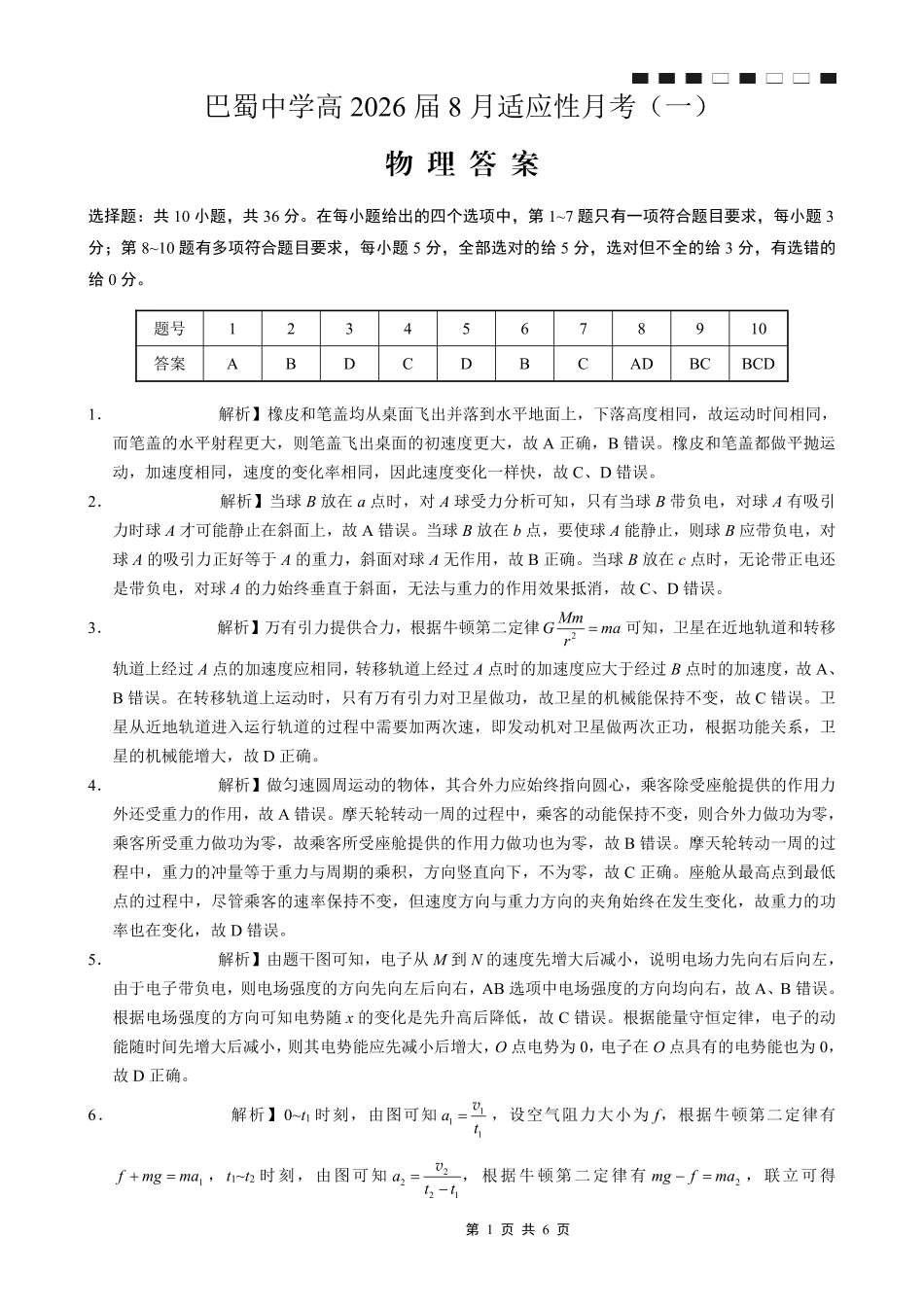 巴蜀中学2026届高考适应性月考卷（二）物理答案.pdf_第1页