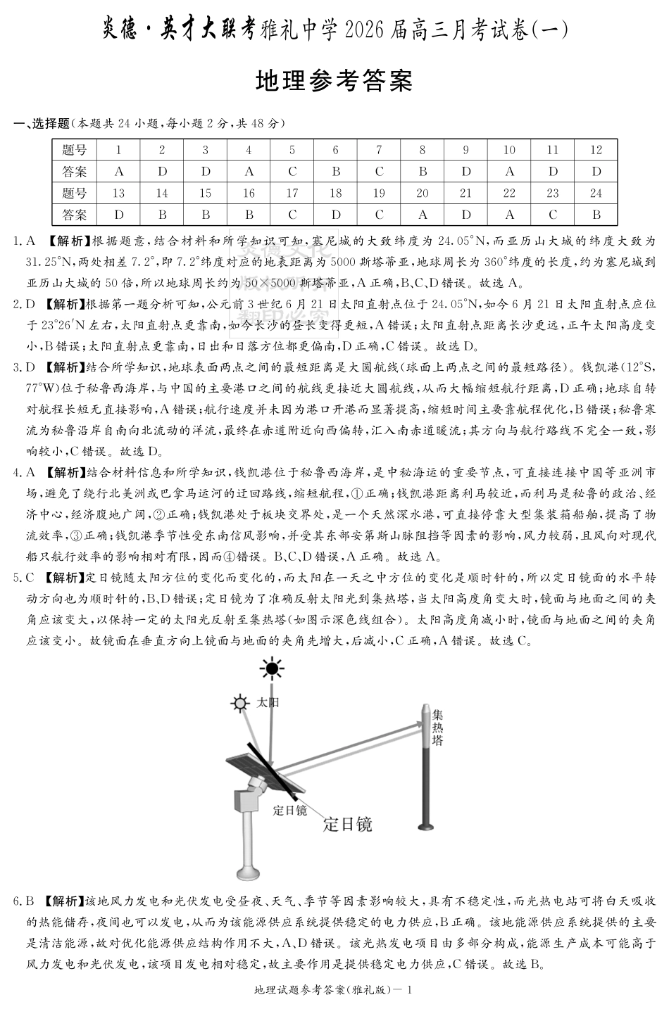 地理试卷答案【全国5强校】【湖南卷】湖南省炎德英才大联考雅礼中学2026届高三月考试卷（一）（8.15-8.16）.pdf_第1页