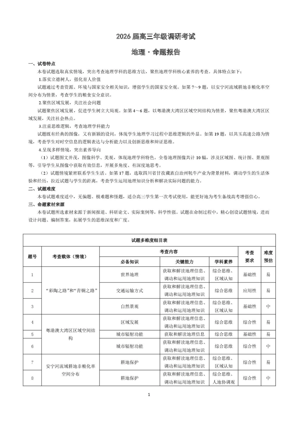 地理试卷命题报告【河南卷】河南省天一大联考2026届高三上学期调研考试（9.16-9.17）.pdf_第1页