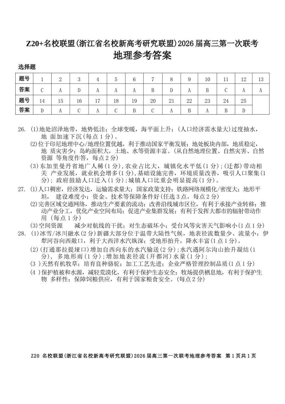 地理试题卷答案【浙江卷】浙江省Z20名校联盟(浙江省名校新高考研究联盟)2026届高三第一次联考(8.21-8.23).docx_第1页