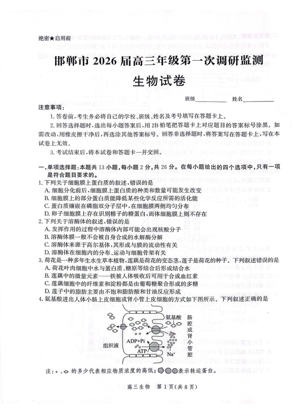 邯郸市2026届高三年级第一次调研监测生物.pdf_第1页