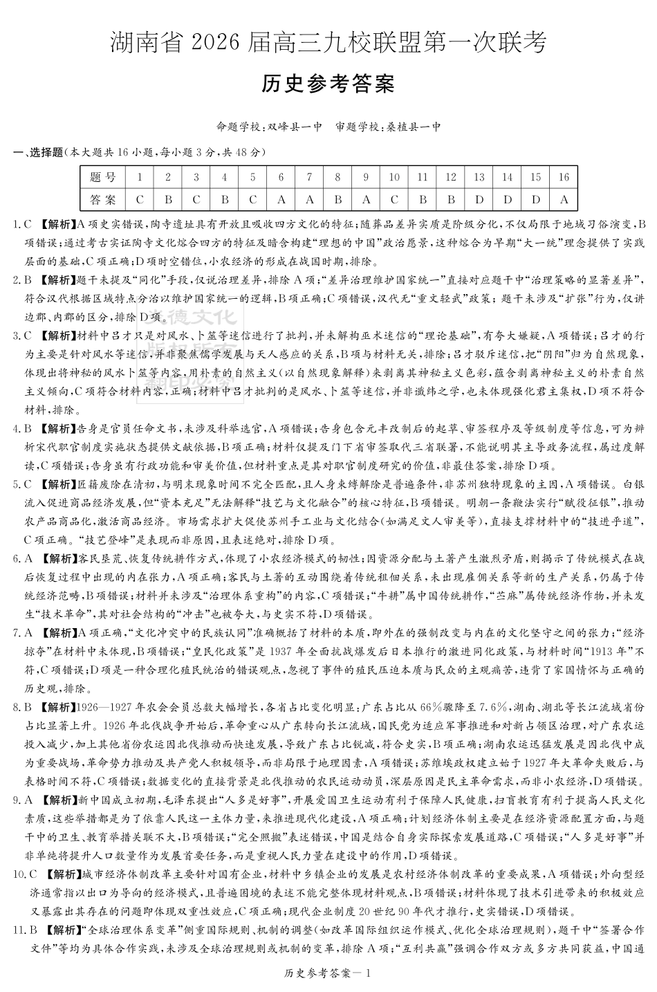 湖南省2026届高三九校联盟第一次联考历史答案.pdf_第1页