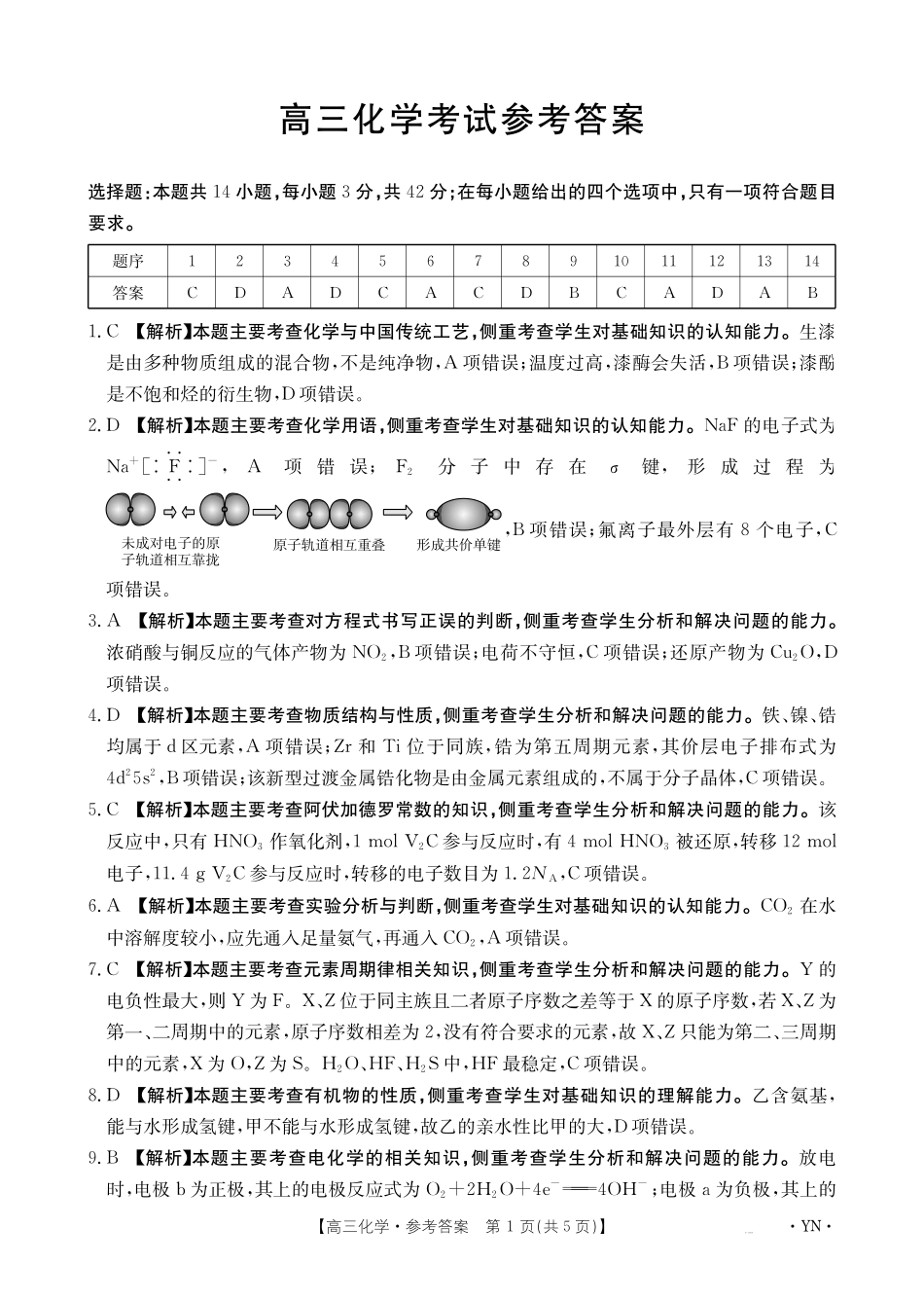 化学试卷答案【云南卷】云南省金太阳2026届高三上学期8月百万大联考(下标YN)（26-1001C）（8.26-8.27）.pdf_第1页