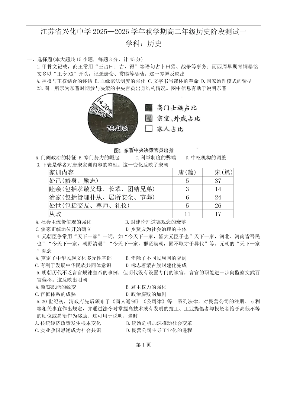 江苏省泰州市兴化中学2025-2026学年高二上学期开学测试（阶段测试一）历史试题（含答案）.pdf_第1页