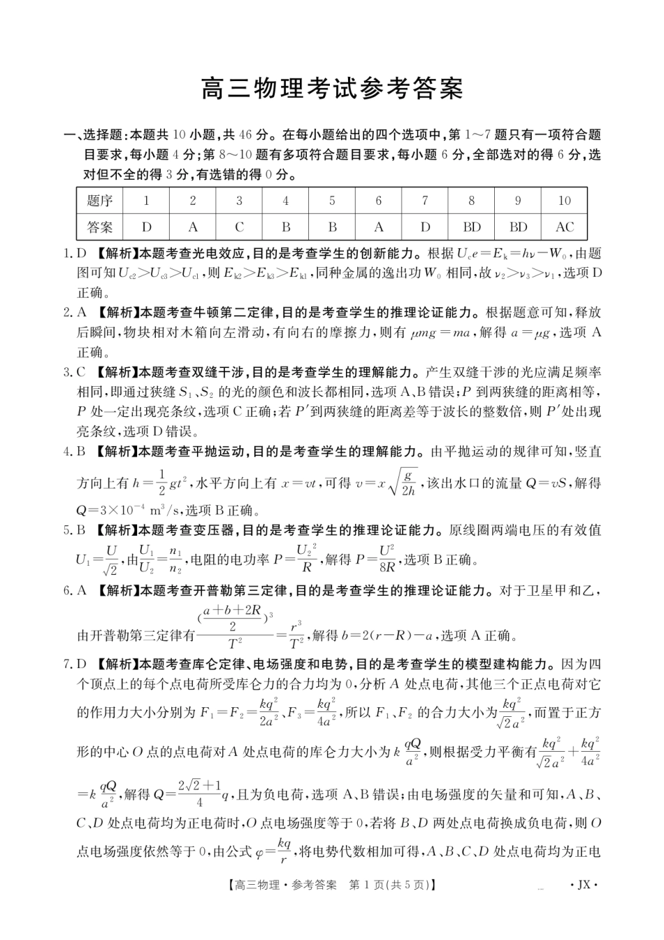 金太阳26-1001C2026届高三上学期8月百万大联考物理答案.pdf_第1页