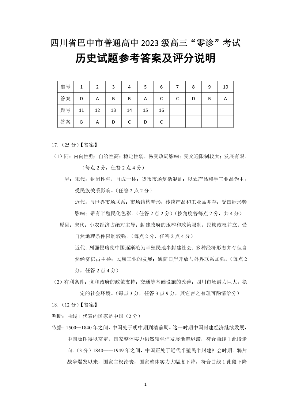 历史试卷答案【四川卷】四川省巴中市普通高中2023级(2026届)高三“零诊”考试（巴中零诊）（9.17-9.19）.pdf_第1页