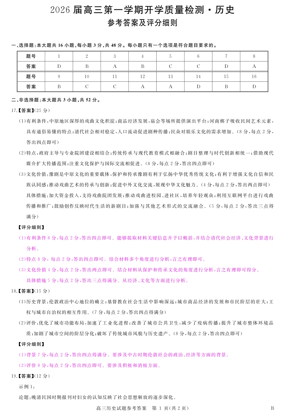 历史试卷评分细则【安徽卷】安徽省华师联盟2026届高三第一学期9月份开学质量检测（9.8-9.9）.pdf_第1页